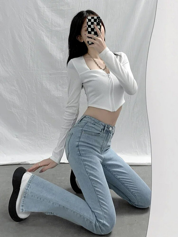 ZOENOVA kiszélesedő farmer Női magas derekú farmer nadrág női kék fekete rugalmas vékony divat klasszikus szabadidő széles szárú nadrág