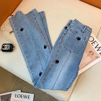 Есен Vinatge Heart Shape Printed Jeans Дамски елегантни широки панталони Дамски широки прави дънкови панталони Модни женски панталони