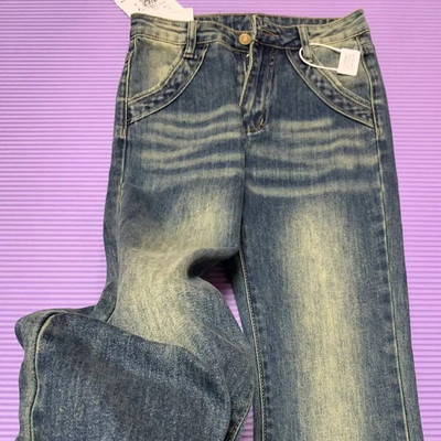 Vintage Jednobojne traperice s mikro preklopom visokog struka Ženski američki stil Do Old Raw Edge Tanke traper hlače na vuču Trend hlače