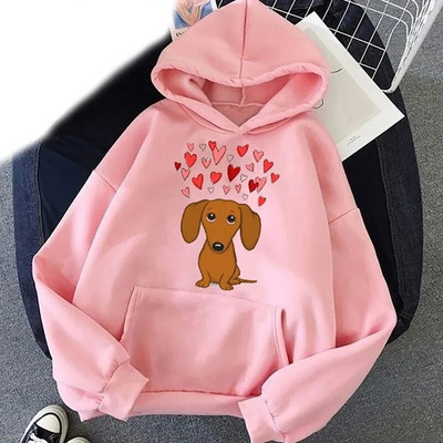 Hanorace cu glugă pentru câini Teckel drăguț Love Cartoon Print Bărbați Femeie Kawaii Hanorac cu glugă Pulovere Trening unisex