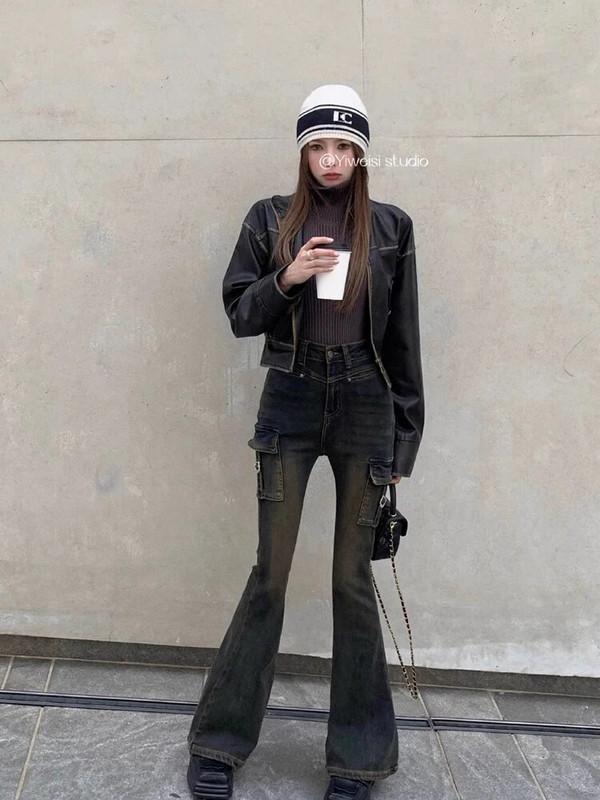Ženske japanske ulične traperice niskog struka, lepršave traperice 2000-ih, estetske Y2K crne traper hlače na zvono Gyaru Harajuku Fashion Vintage