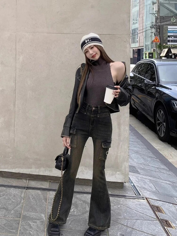 Ženske japanske ulične traperice niskog struka, lepršave traperice 2000-ih, estetske Y2K crne traper hlače na zvono Gyaru Harajuku Fashion Vintage