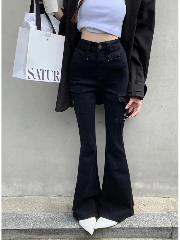Ženske japanske ulične traperice niskog struka, lepršave traperice 2000-ih, estetske Y2K crne traper hlače na zvono Gyaru Harajuku Fashion Vintage