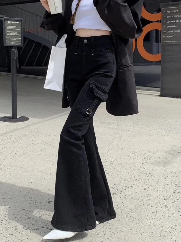 Ženske japanske ulične traperice niskog struka, lepršave traperice 2000-ih, estetske Y2K crne traper hlače na zvono Gyaru Harajuku Fashion Vintage