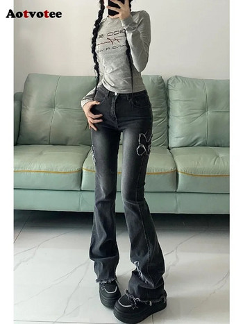 Aotvotee Изпрани дънки с висока талия за жени 2023 г. Нова мода Ежедневни дънкови панталони с пеперуда Y2k Реколта Streetwear Клеш панталони