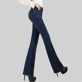 Промоция Висококачествени дамски тънки дънки със средна талия Модни панталони с камбанка Удобни панталони с разкроени тъмносини