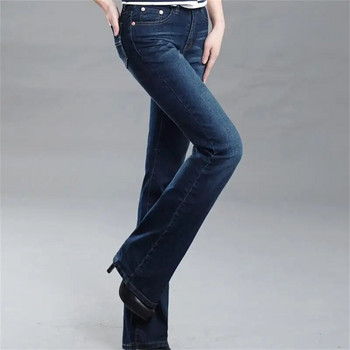 Προώθηση Υψηλής ποιότητας Γυναικεία λεπτή μπότα στη μέση με κομμένο τζιν Μόδα παντελόνι με καμπάνα Άνετα παντελόνια φωτοβολίδες σκούρο μπλε
