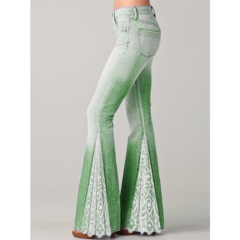 2021 m. Prašmatnios moteriškos nėrinių puoštos, platėjančios kelnės, imitacinės džinsinio audinio aukštu juosmeniu, apatiniu raukšliniu kelnės, biuro moteriški gatvės drabužiai 4XL 5XL