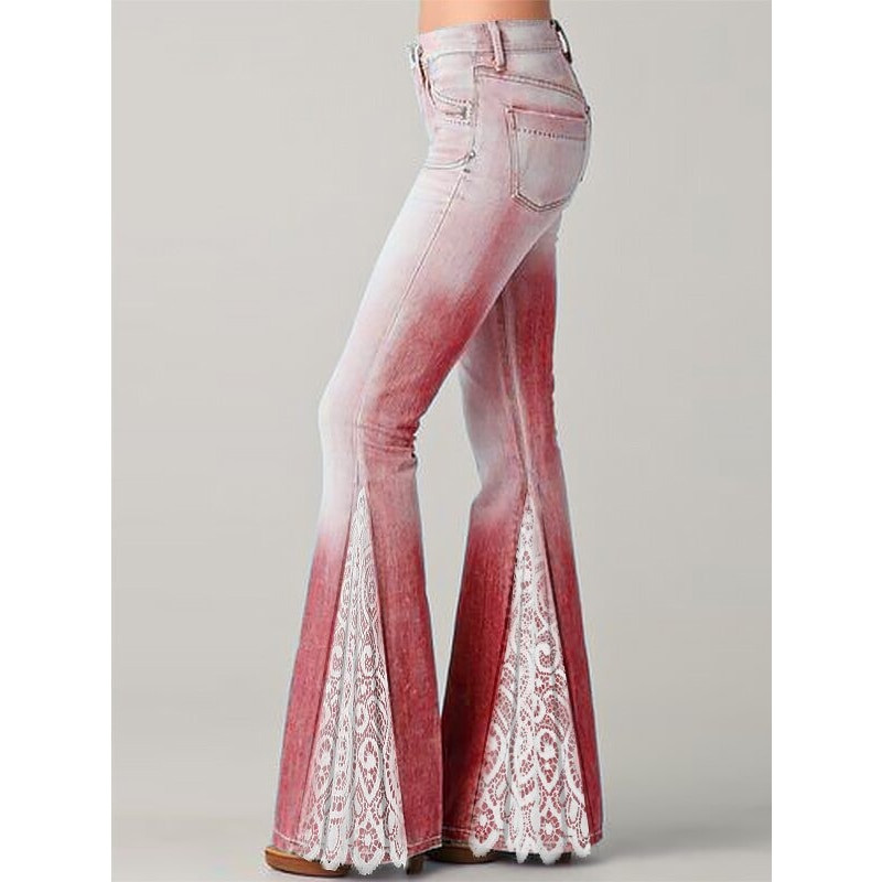 2021 m. Prašmatnios moteriškos nėrinių puoštos, platėjančios kelnės, imitacinės džinsinio audinio aukštu juosmeniu, apatiniu raukšliniu kelnės, biuro moteriški gatvės drabužiai 4XL 5XL