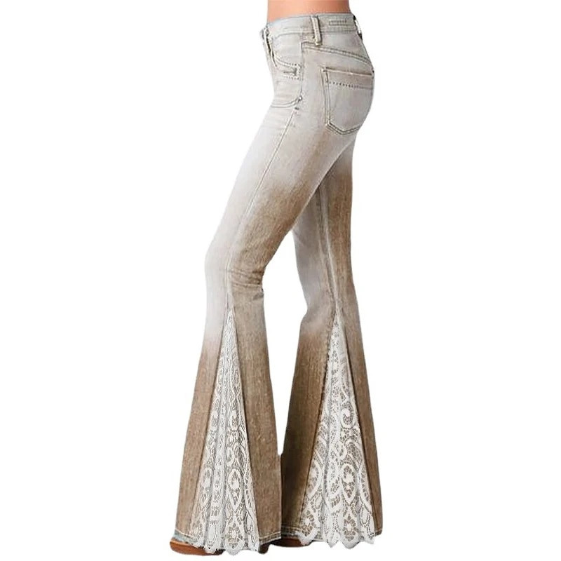 2021 m. Prašmatnios moteriškos nėrinių puoštos, platėjančios kelnės, imitacinės džinsinio audinio aukštu juosmeniu, apatiniu raukšliniu kelnės, biuro moteriški gatvės drabužiai 4XL 5XL