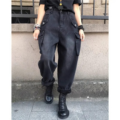 Ženske crne traperice 2023. Prevelike široke nogavice s visokim strukom Vintage modne teksture Ženske kombinezone u stilu Hong Konga