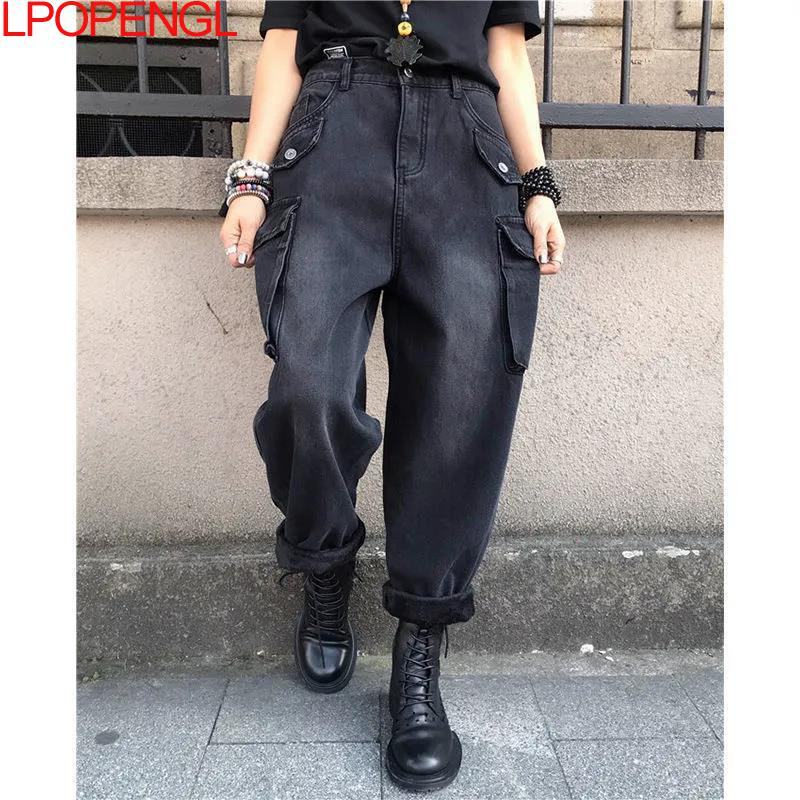 Ženske crne traperice 2023. Prevelike široke nogavice s visokim strukom Vintage modne teksture Ženske kombinezone u stilu Hong Konga