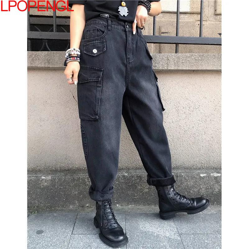 Ženske crne traperice 2023. Prevelike široke nogavice s visokim strukom Vintage modne teksture Ženske kombinezone u stilu Hong Konga