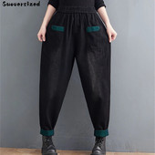 Patchwork Baggy Jean Elastični traper visokog struka Kapri hlače širokih nogavica Ženske harem hlače za trčanje Ležerne Vaqueros Korejske hlače