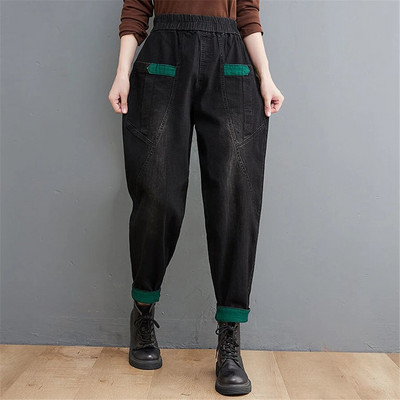 Patchwork Baggy Jean Elastični traper visokog struka Kapri hlače širokih nogavica Ženske harem hlače za trčanje Ležerne Vaqueros Korejske hlače