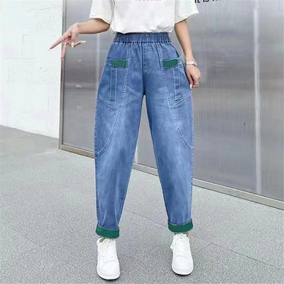 Patchwork Baggy Jean Elastični traper visokog struka Kapri hlače širokih nogavica Ženske harem hlače za trčanje Ležerne Vaqueros Korejske hlače