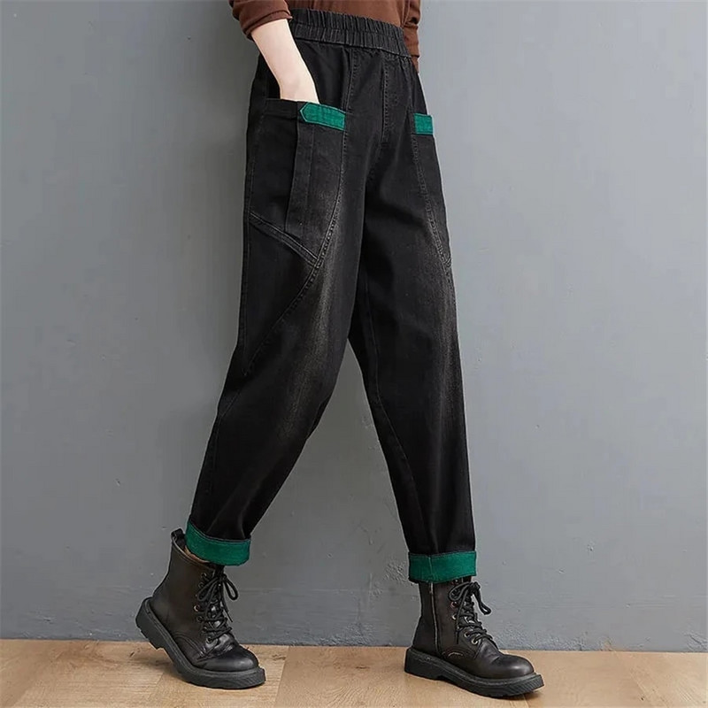 Patchwork Baggy Jean Elastični traper visokog struka Kapri hlače širokih nogavica Ženske harem hlače za trčanje Ležerne Vaqueros Korejske hlače