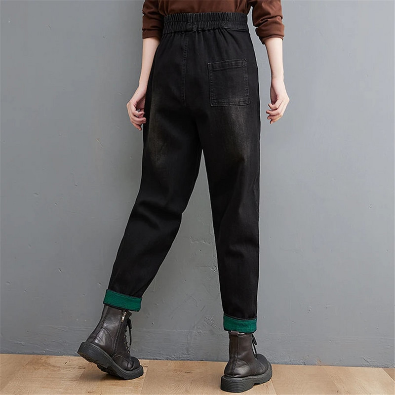 Patchwork Baggy Jean Elastični traper visokog struka Kapri hlače širokih nogavica Ženske harem hlače za trčanje Ležerne Vaqueros Korejske hlače