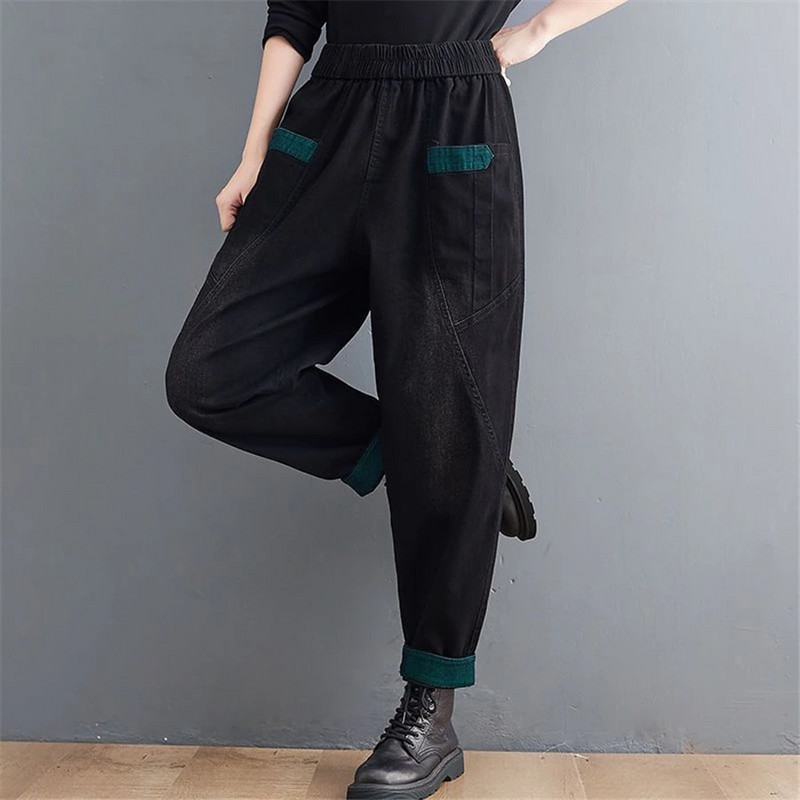 Patchwork Baggy Jean Elastični traper visokog struka Kapri hlače širokih nogavica Ženske harem hlače za trčanje Ležerne Vaqueros Korejske hlače