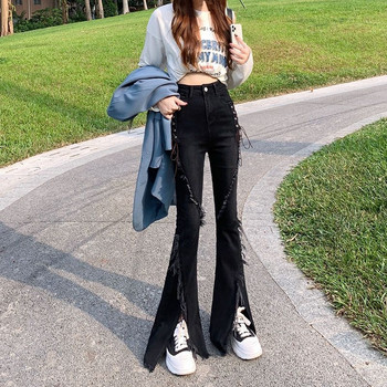 Flare Jeans Γυναικεία Vintage Casual Slim Εφαρμογή Φθινοπωρινά σκισμένα κορεατικά στυλ Απλές νέες πτυχές Femme Ruched Μακρύ παντελόνι Επίδεσμος πλυμένος