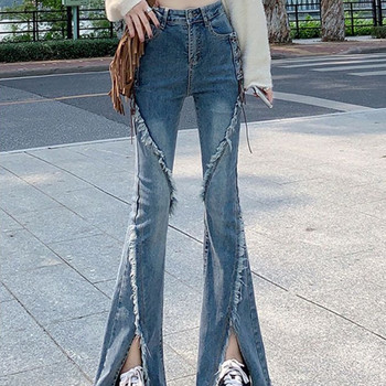 Flare Jeans Γυναικεία Vintage Casual Slim Εφαρμογή Φθινοπωρινά σκισμένα κορεατικά στυλ Απλές νέες πτυχές Femme Ruched Μακρύ παντελόνι Επίδεσμος πλυμένος