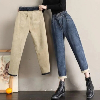 Дамски есенни и зимни нови елегантни ежедневни плюшени плюшени еластични дънкови панталони с висока талия с джоб и цип