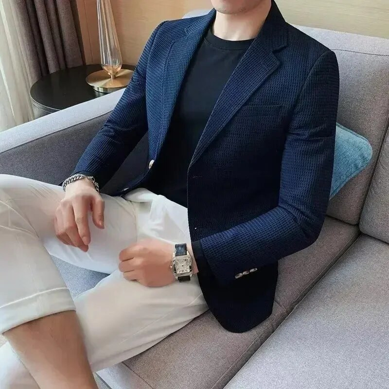 Vaffle jakna Muški sako zrelog stila Ležeran kroj Trendy jakna u korejskom stilu Jednobojna modna poslovna jakna Top