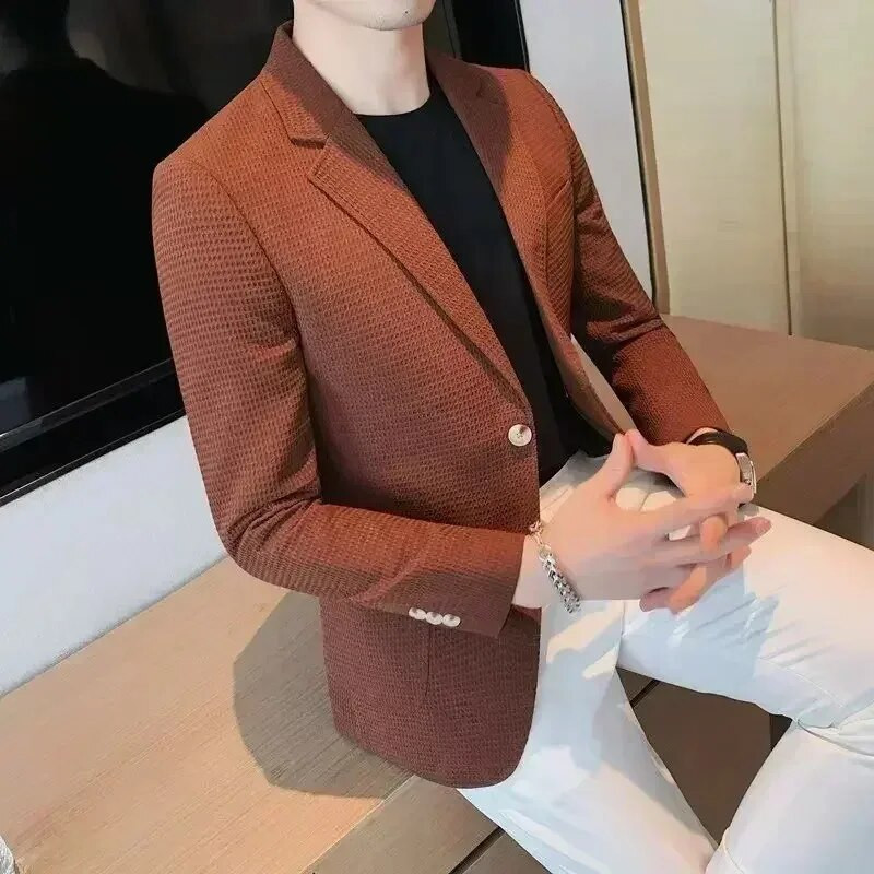Vaffle jakna Muški sako zrelog stila Ležeran kroj Trendy jakna u korejskom stilu Jednobojna modna poslovna jakna Top
