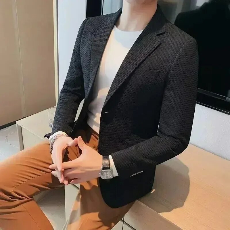 Vaffle jakna Muški sako zrelog stila Ležeran kroj Trendy jakna u korejskom stilu Jednobojna modna poslovna jakna Top