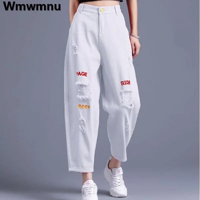 Oversize 34 Blugi harem cu talie înaltă până la glezne rupte cu găuri de vară Vaqueros largi Coreeană Streetwear Casual Pantaloni de denim pentru femei