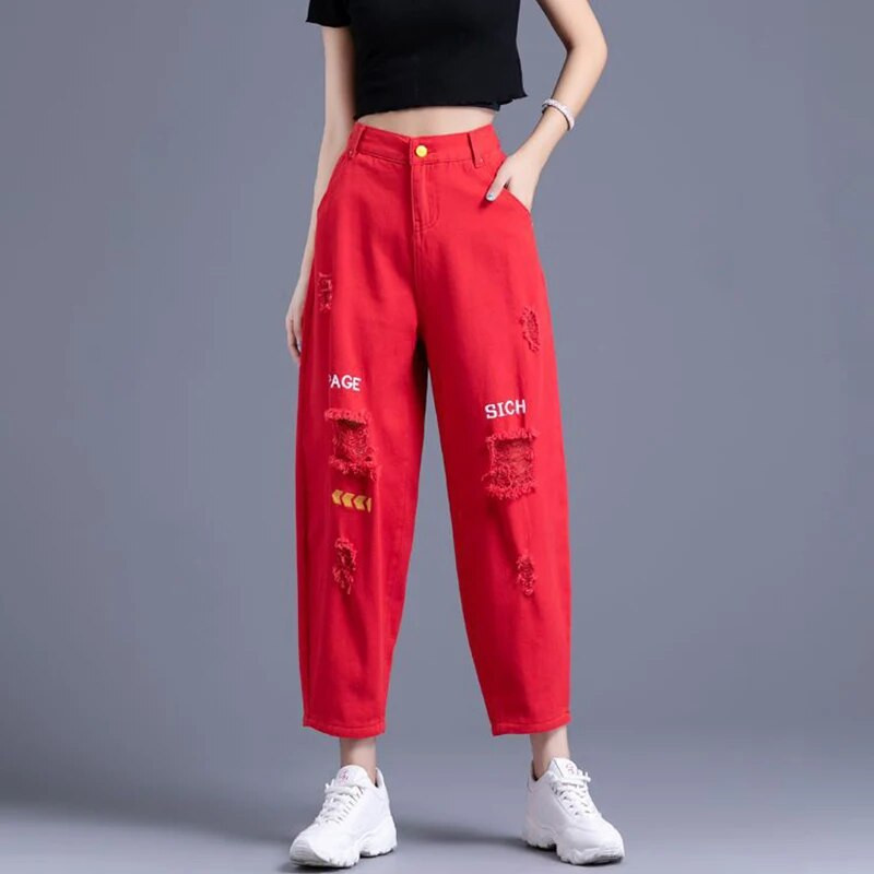 Lielizmērs 34 ar augstu vidukli līdz potītei, izplests caurums Harēms Džinsi Vasaras Baggy Vaqueros korejiešu ielas apģērbs ikdienas sieviešu džinsu bikses