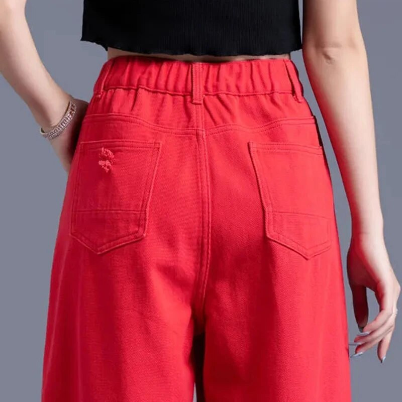 Lielizmērs 34 ar augstu vidukli līdz potītei, izplests caurums Harēms Džinsi Vasaras Baggy Vaqueros korejiešu ielas apģērbs ikdienas sieviešu džinsu bikses