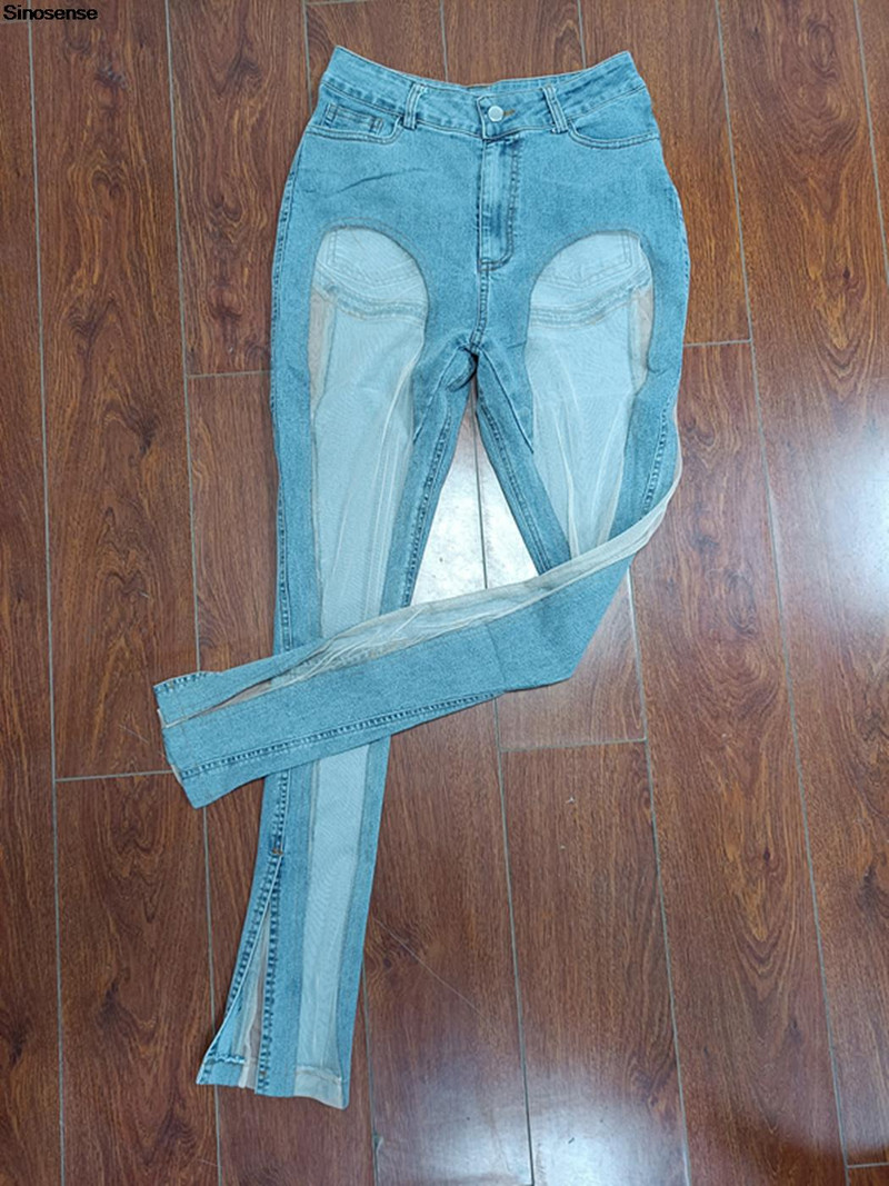 Ženske mrežaste patchwork prozirne traper hlače Ljetna moda Rastezljivi podijeljeni porub Y2K Streetwear Noćni klub Tanke uske traperice