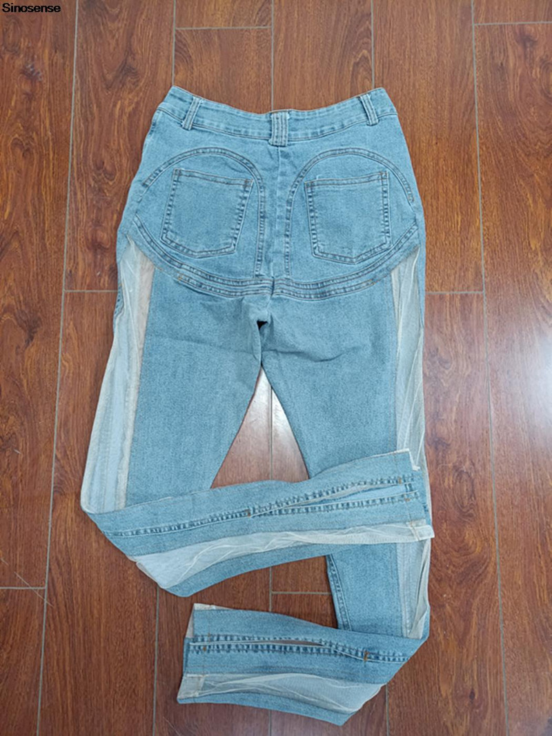 Ženske mrežaste patchwork prozirne traper hlače Ljetna moda Rastezljivi podijeljeni porub Y2K Streetwear Noćni klub Tanke uske traperice