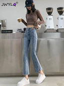 Visoko strukane široke traperice do gležnja Ženske korejske modne rastezljive Vaqueros Proljeće Jesen Zvonarice Mom Jeans Streetwear