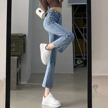Разкроени дънки с висока талия и дълги до глезена Дамски корейски модни еластични Vaqueros Пролет Есен Камбанки Mom Jeans Streetwear