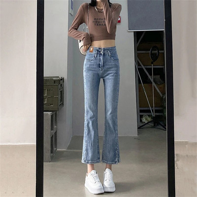 Visoko strukane široke traperice do gležnja Ženske korejske modne rastezljive Vaqueros Proljeće Jesen Zvonarice Mom Jeans Streetwear