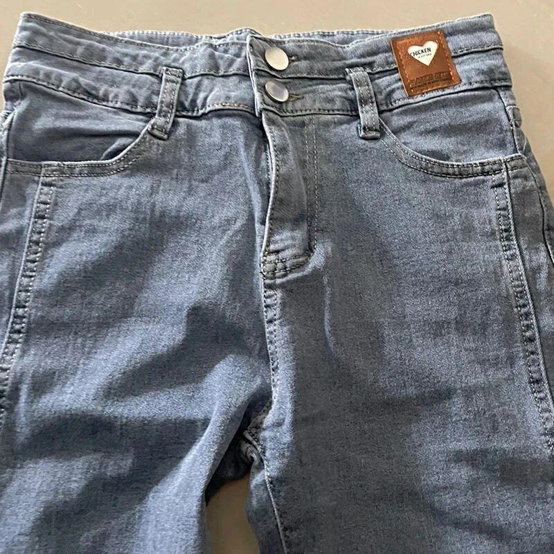 Visoko strukane široke traperice do gležnja Ženske korejske modne rastezljive Vaqueros Proljeće Jesen Zvonarice Mom Jeans Streetwear