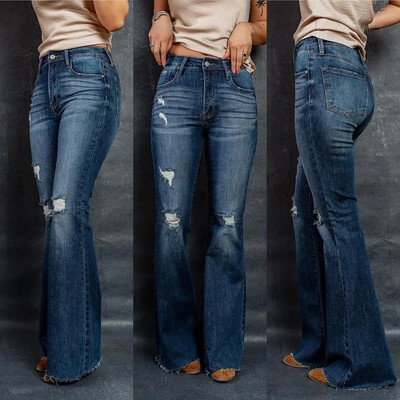 2021, noi de femei, cu talie înaltă, blugi evazați rupti, la modă, elastici, subțiri, denim, pantaloni lungi, pantaloni casual de stradă, de calitate superioară