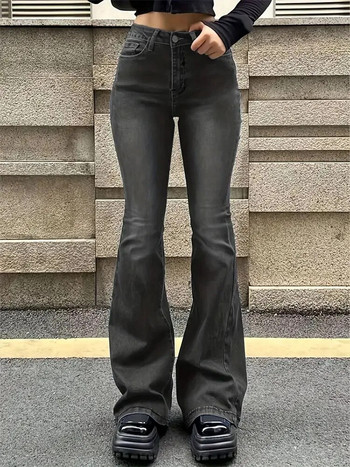 Дамски кльощави дънки с разтегливи мустаци Модни кльощави дънки с висока талия Сиви дънкови панталони Дамски класически Y2K пънк дълги панталони