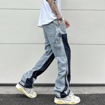 Европейски разкроени дънки с мастило за мъже, контрастен цвят Looen Fit Streetwear Дънкови дрехи с отворен подгъв Мъжки широки панталони