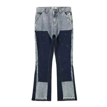 Европейски разкроени дънки с мастило за мъже, контрастен цвят Looen Fit Streetwear Дънкови дрехи с отворен подгъв Мъжки широки панталони