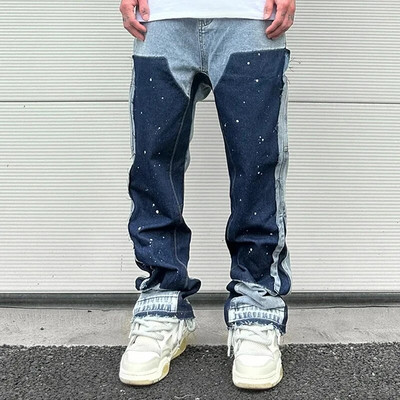 Европейски разкроени дънки с мастило за мъже, контрастен цвят Looen Fit Streetwear Дънкови дрехи с отворен подгъв Мъжки широки панталони