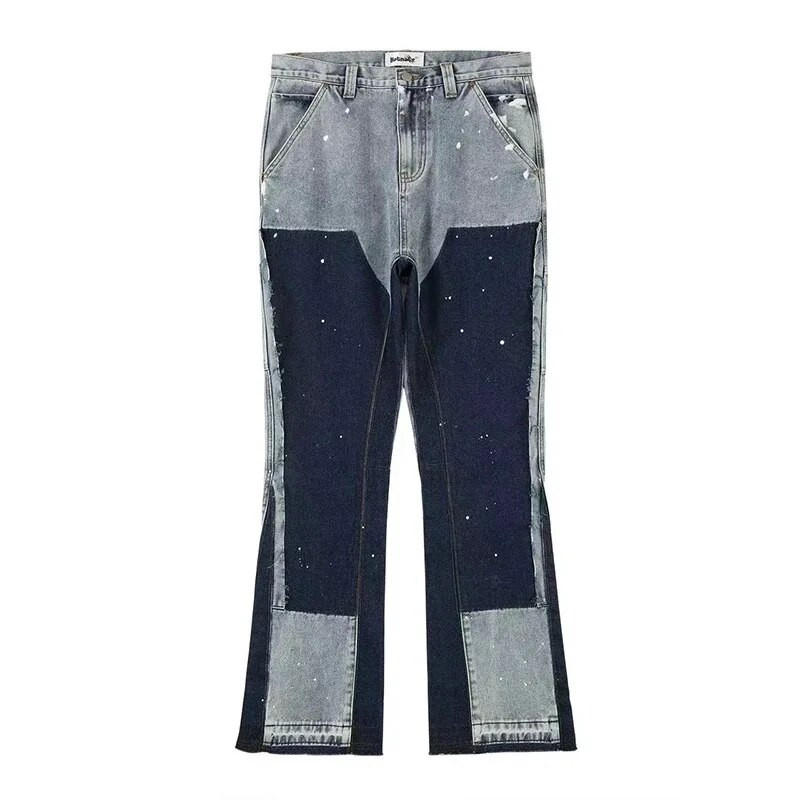 Blugi evazați cu pulverizare de cerneală europeană pentru bărbați, culoare contrastantă, îmbrăcăminte de stradă, îmbrăcăminte din denim, pantaloni largi pentru bărbați.