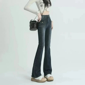 Streetwear Дамски кльощави дънки с висока талия Пролет Есен Корейски дизайн Ретро камбанки Vaqueros Skinny Stretch Корейски дънков панталон