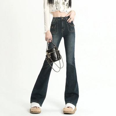 Utcai ruházat, magas derekú női flare farmer tavaszi ősz koreai dizájn Retro csengős alsó Vaqueros Skinny Stretch koreai farmer nadrág