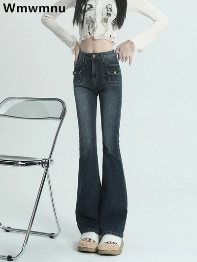 Tänavarõivad Kõrge vöökohaga naiste heledad teksad Kevadsügis Korea disain Retro kellukesega Vaqueros Skinny Stretch Korea teksapüksid