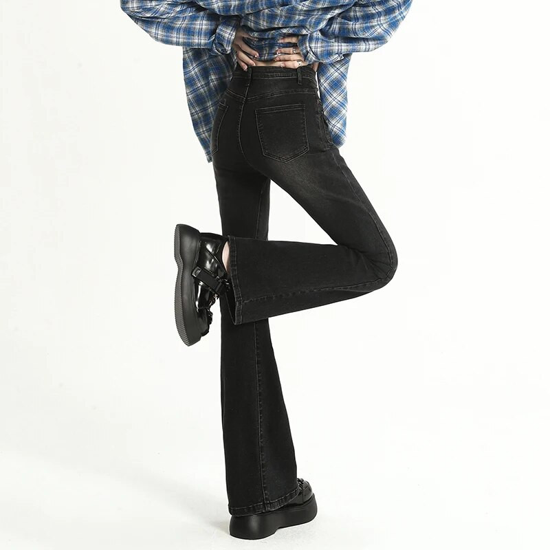 Utcai ruházat, magas derekú női flare farmer tavaszi ősz koreai dizájn Retro csengős alsó Vaqueros Skinny Stretch koreai farmer nadrág