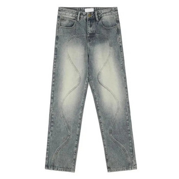 Светло сини дънки Мъжки Y2K Do Old Wash Панталони с прави крачоли Панталони с копчета и джобове Свободни модни панталони A156