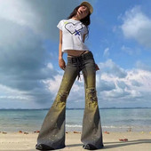 Amerikai Y2K alacsony emelkedésű szexi farmer fűzős dizájn fröccsent tintával szorongatott vintage vékony, sokoldalú népszerű szakadt kiszélesedő nadrág